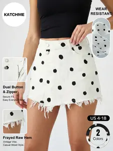 Katch Me Chic Women's Casual High Waist Polka Dot Frayed Denim Skorts, Versatile Multi-Pocket Double Button Durable Shorts, Wear-Resistant Cotton Women's Bottom