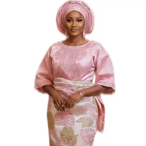 Arewa Embroidered Buba and Eleganza Brocade Iro in Soft Pink with Gold Accents for Stylish African Fashion