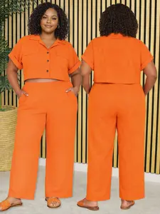 Plus Size Women's Orange Two Piece Set - Short Sleeve Crop Top and Wide Leg Pants with Pockets for Spring Summer Brunch and Vacation，  Outfit Casual