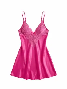 Women's Satin Lace Patchwork V-neck Bow Camisole Nightgown Pajamas Loungewear Comfortable Solid Color Fashionable Elegant