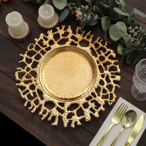 6-Pack Acrylic Round Charger Plates 13" in Gold with Molten Branch Design, Plastic Hollow Lace Decorative Dinner Party Charger Tableware