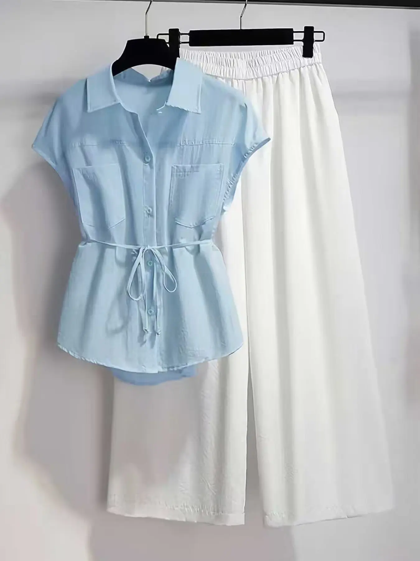 Summer Women's Two-Piece Set, Light Blue Belted Collared Shirt Blouse + Wide-Leg Pants, Casual Office Wear, Loose-Fitting, Short Sleeve Clothes