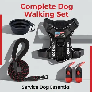 Reflective service dog harness set, includes leash, portable bowl, and waste bags - made of polyester fiber, adjustable soft Oxford cloth pet harness with 5 patches, suitable for small to large dogs