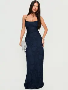 Princess Polly Celena Maxi Dress Navy Burnout Floral Print Open-Back Cowl Neck Zip Closure Formal Polyester Gown