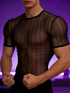 Bestselling Summer Men's Striped Transparent Mesh Short Sleeve T-shirt, Nightclub Style, Sexy Slim Fit Crew Neck Basic Casual Top for Party and Dating