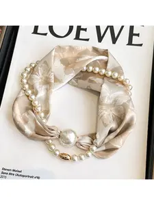 Magnetic clasp pearl necklace with long chiffon scarf for women, neck warmer, lazy outfit pairing with shirts, lightweight scarf