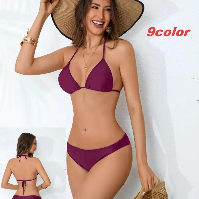 Women's Plain Bikini Set Top Triangle Shape, Pants Triangle Shorts, Sporty Style, All Seasons, Summer Swimsuit, Bikini Swimwear, Swimsuit Sets, No Ca Prop 65