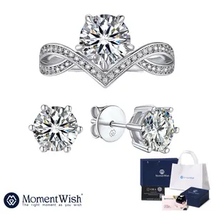 【#225 Ring & Stud】MomentWish 6 Prong Synthetic Moissanite Earrings and Promise Rings for Her, Jewelry Set in S925 Sterling Silver