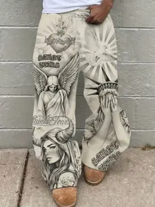 Men's Loose Fit Full Print Straight Leg Sweatpants, Casual Spring & Fall Street Style, All over Print Angel, Trendy and Versatile