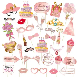 33 Piece Birthday Photo Booth Props Set, Rose, Fun Selfie Accessories with Lips, Crown, Flowers, Lipstick, Suitable for All Ages