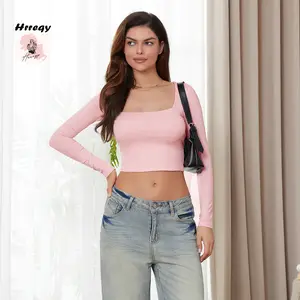 Women's Slim Fit Crop Tops Long Sleeve Square Neck Solid Color T-Shirt Dressy Blouses
