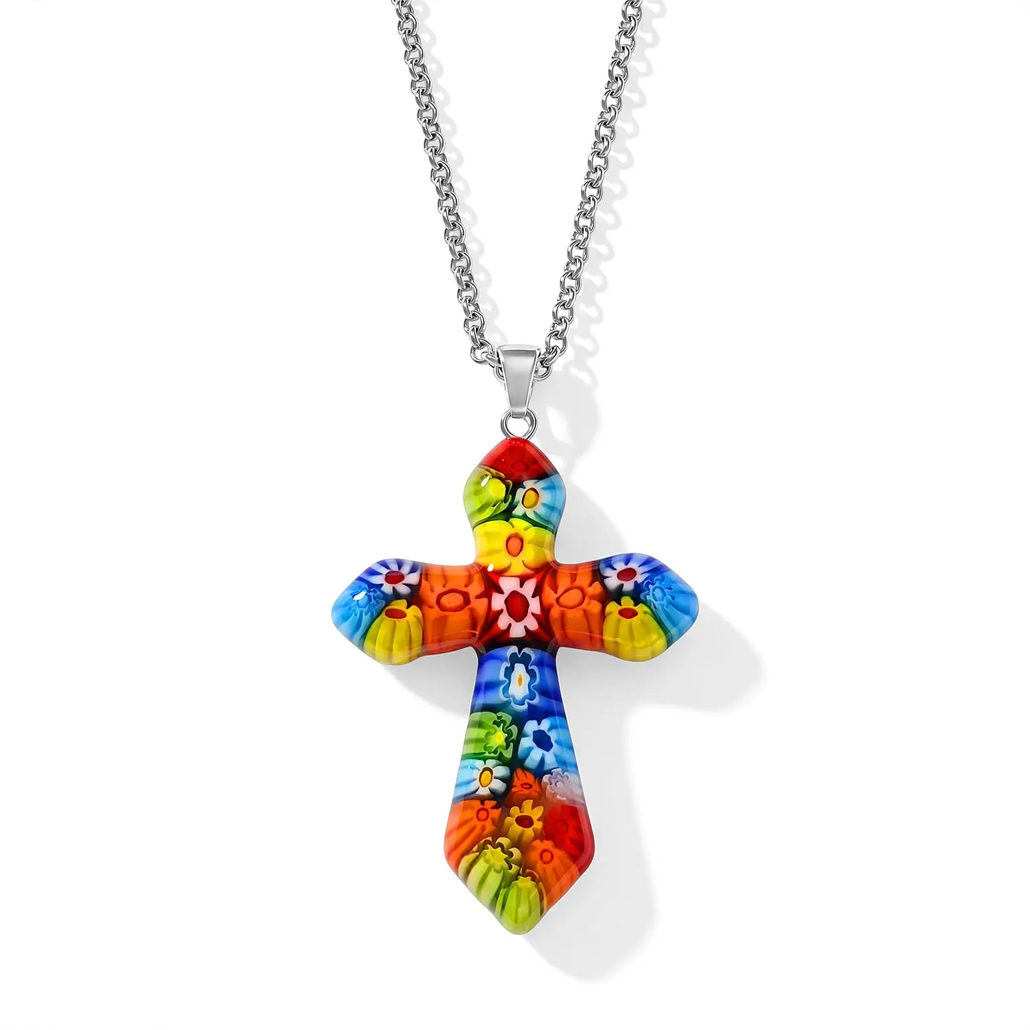 Murano Style Cross Pendant Chain Necklace (20-22 Inches) in Stainless Steel Murano Style Cross Pendant Chain Necklace (20-22 Inches) in Stainless Steel
