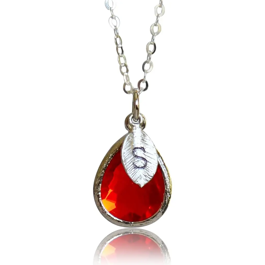 Personalized Garnet Necklace, January Teardrop Birthstone Jewelry, Bridesmaid, Custom Initial Leaf, Gift for Her