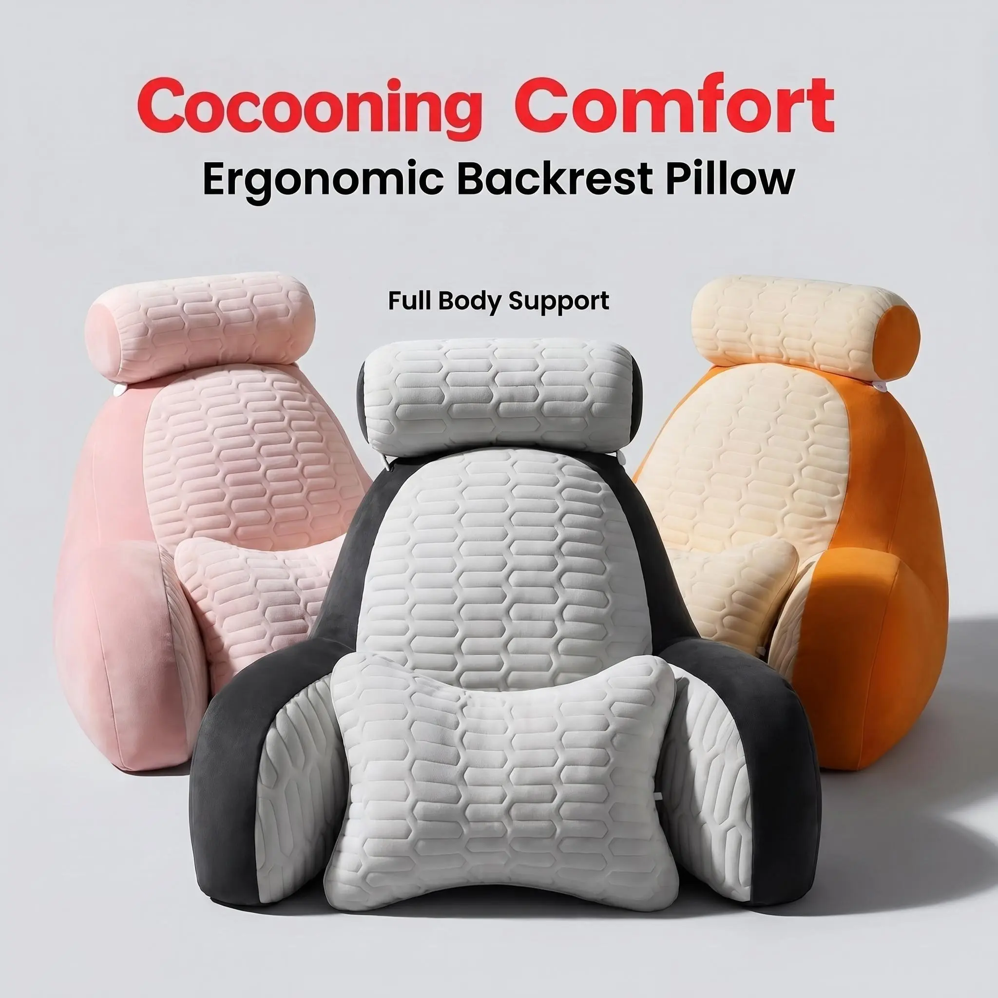 Soft Fabric Bed Reading Pillow with Armrests, Detachable Neck Roll & Lumbar Pillow, Full Body Support Backrest Cushion with Removable Washable Cover for Relaxation, Home/Dorm Use, Cozy Gift for Her