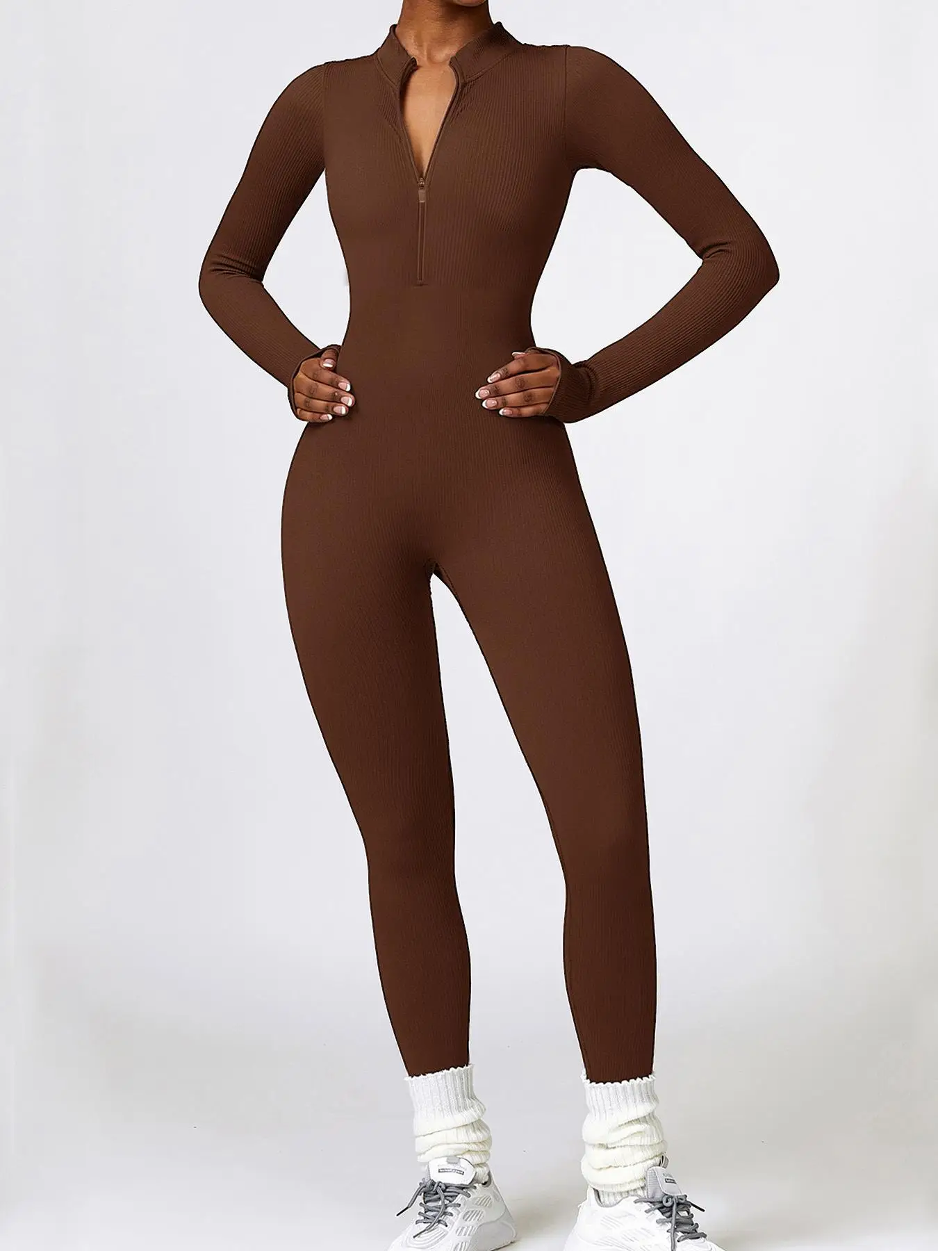 Women's Solid Zip Up Stand Collar Sports Jumpsuit, Fitness Long Sleeve Seamless Jumpsuit for Yoga Gym Workout, Holiday Outfits, Ladies' Sport Clothes