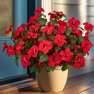 19 Inch Artificial Fake Flowers, 4 Pcs Faux Silk Petunias, Spring Flowers for Outdoor & Indoor, Porch Planter, Front Door, Garden, Patio, Window Box
