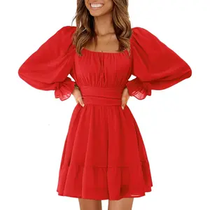 Women's 2025 Casual Long Lantern Sleeve Dresses Square Neck Ruffle Tie Back Elastic Waist Aline Short Mini Dress