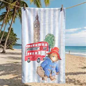 Paddington Bear London Landmark Big Ben Bus Print Beach Towel, Striped Pattern Towel, Striped Towels, Super Size, Skin-Friendly, Absorbent, Quick-Dry, Outdoor Activities, Perfect for Beach, Pool, Summer Outdoors