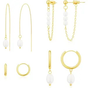 Gold Hoop Earrings for Women No Tarnish - Dainty Pearl Drop Dangle Huggie Hoops Trendy Earring Sets for Multiple Piercing Hypoallergenic Jewelry Gift