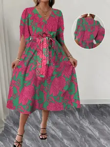 Elegant Plus Size High-End Fashion Floral Fitted Summer Casual Dress with Belt, Stylish Women's Clothing, Perfect for Special Occasions, Comfortable and Trendy Design