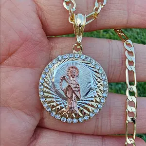 Gold round santa muerte pendant necklace
