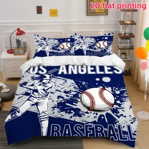 2D Flat 3Pcs Los Angeles Baseball Sport Themed Duvet Cover, Navy Blue and White Athletic Bedding (1 + 2 Pillowcases, No Insert) - Suitable for Bedroom Dormitory Room Home Decoration