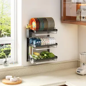 Wall Mounted Dish Drying Rack, 3 Tier Stainless Steel Hanging Dish Drainer with Cutlery Holder, Drainboard and Hooks, Fruit Vegetable Kitchen Supplies Plates Bowls Cups Storage Shelf, Black