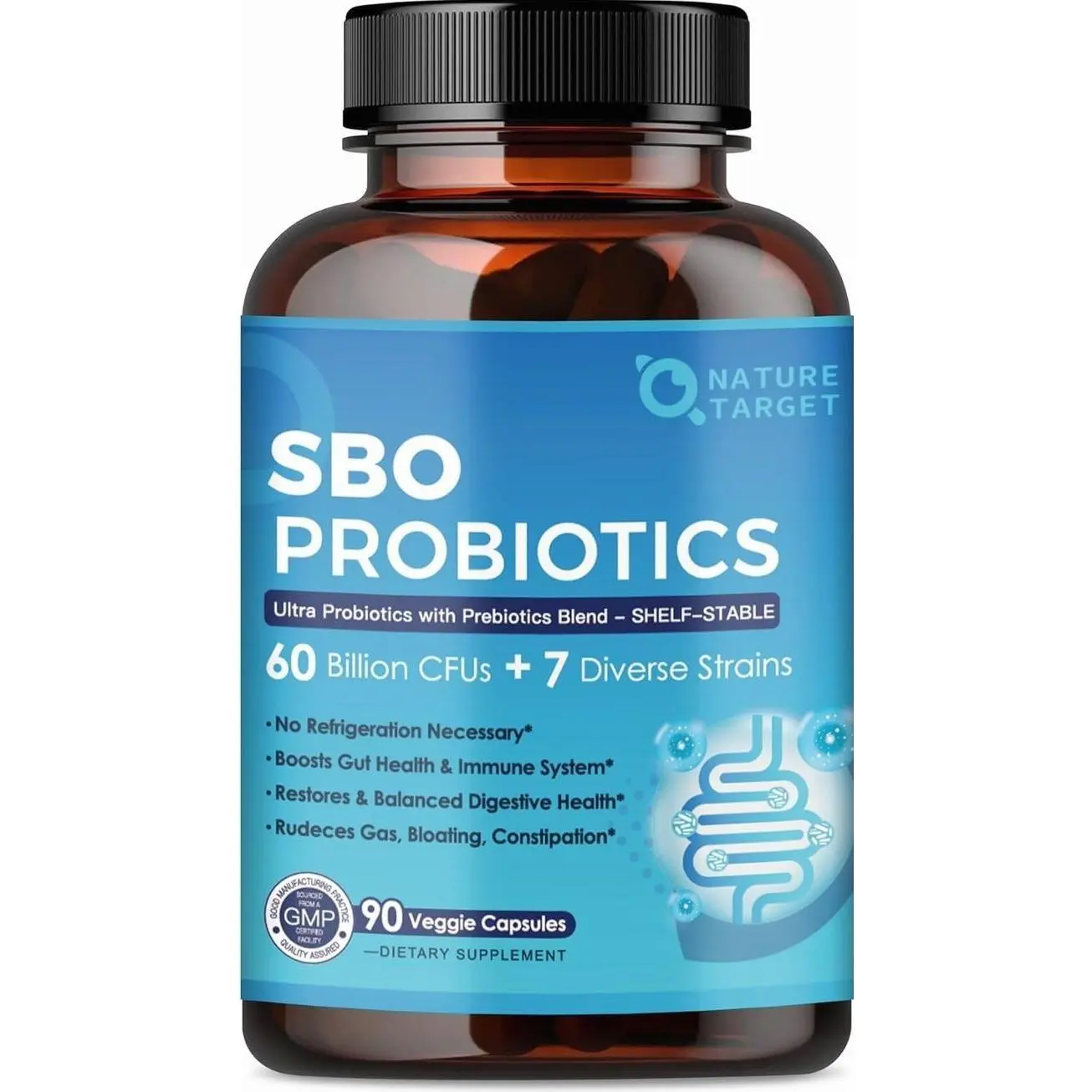 NATURE TARGET Probiotics for Women & Men, 60 Billion CFU, Prebiotics and Probiotic for Gut Health - SBO Probiotics Supports Digestive, Constipation, Diarrhea, Gas & Bloating, 90 Veggie Capsules