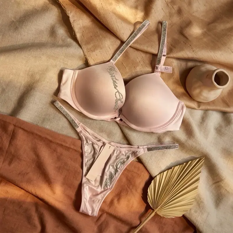 Women’s Push-Up Rhinestone SET “BRA & PANTIE” Womenswear LOGO Bling 2pcs