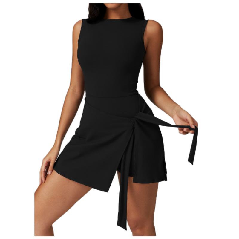 Womens Tennis Dress Wrap Skirt Built in Shorts Sleeveless Golf Athletic Romper Sundress Tie Front Spandex Durable Fabric