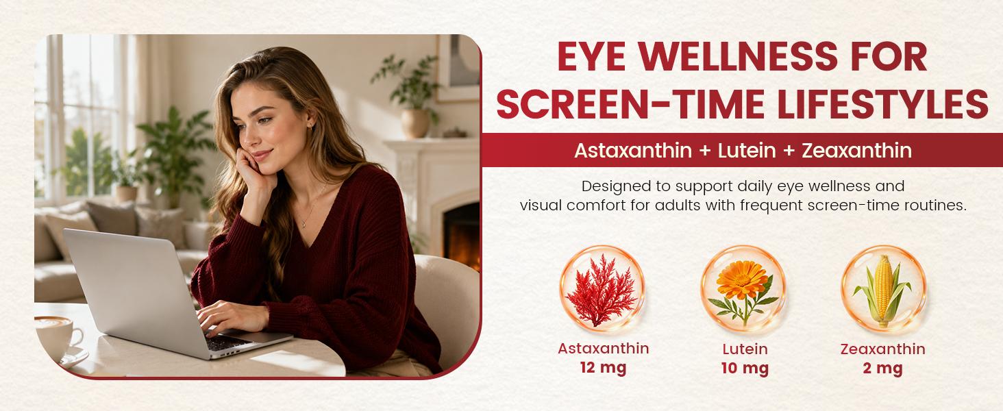 Liposomal Astaxanthin 12mg with Hyaluronic Acid & Lutein for Skin & Eye | 7-IN-1 Vegan Softgels with Vitamin E, Zeaxanthin, Phospholipids & MCT for Antioxidant, Skin Hydration, GMP, Gluten Free, 90ct