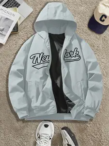 Men's New York Bold Graphics Letter Print Hooded Jacket, American Streetwear Fashion Casual Loose Fit, Fitted Hoodie for All Seasons