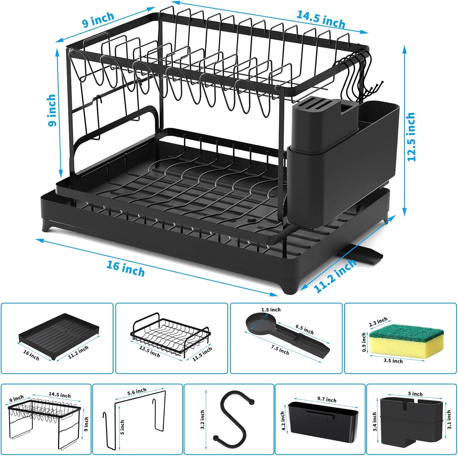 Dish Drying Rack, 2 Tier Large Dish Drying Rack for Kitchen Counter with Drainboard Stainless Steel Dish Drainer for Dish/Knifes/Cup/Cutting Board, Black