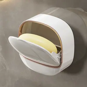 Wall-mounted shower soap dish with drain tray for dry soap, waterproof flip-top shower soap dish, no-drill soap holder.