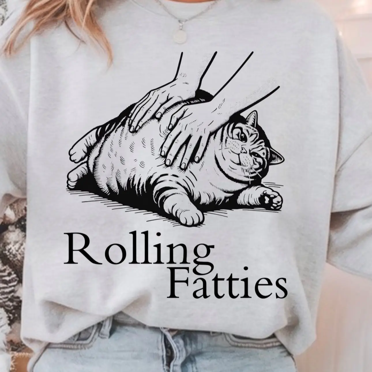 Rolling Fatties Funny Fat Cat Lover Sweatshirt Loose Fit Pullover Casual Long Sleeve Soft Style Women's Tops