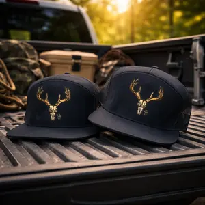Deer Skull Trucker Hat, Camo/Khahi/Brown/ Bottomland/ Brackish and White 7 Panel Hat, Unisex Basics with Unique Design Snapback