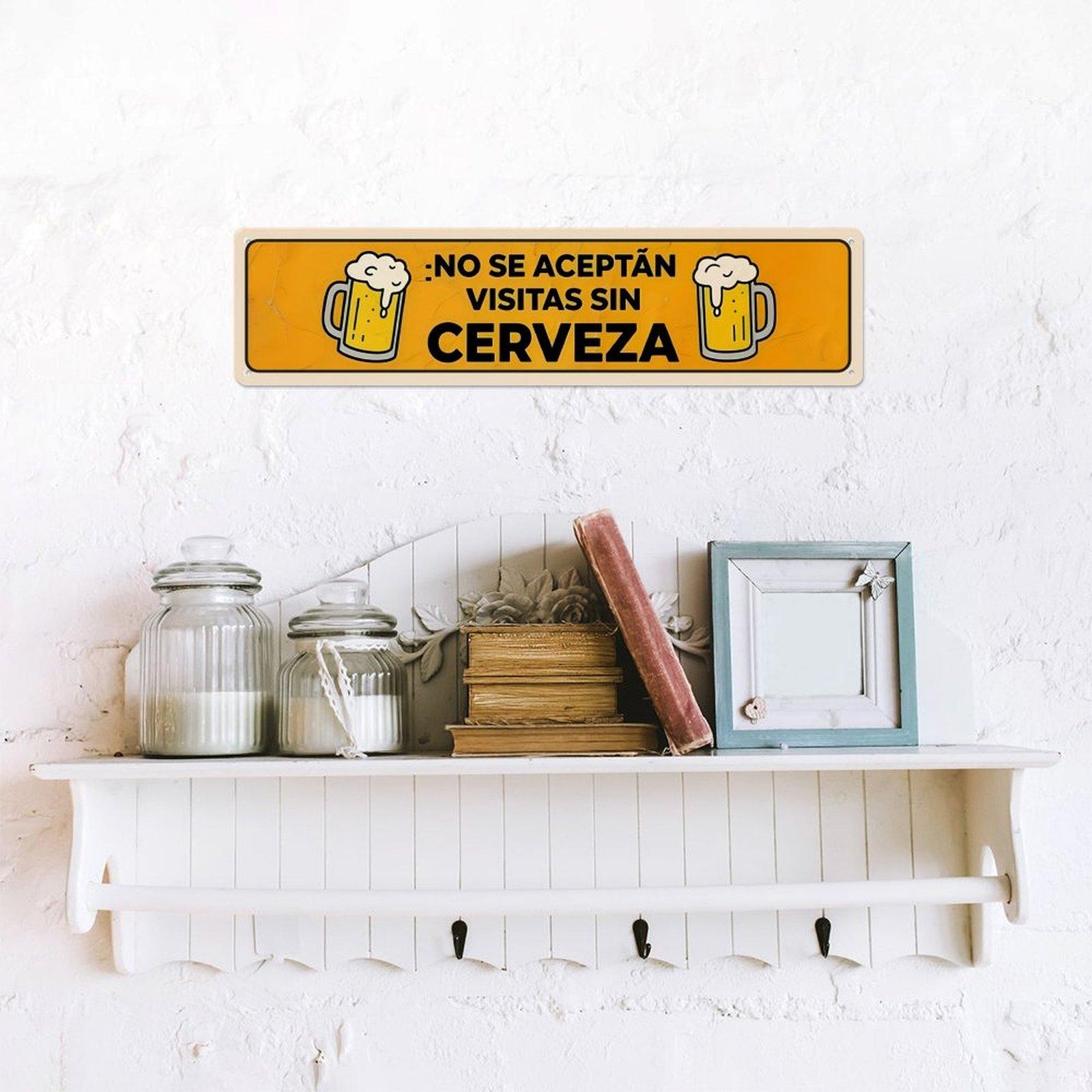 16×4 Inch "No Se Aceptan Visitas Sin Cerveza" Funny Metal Sign, Vintage Spanish Beer Aluminum Wall Decor, Pre-drilled Humorous Bar Sign for Home Man Cave, Novelty Gift for Beer Lovers