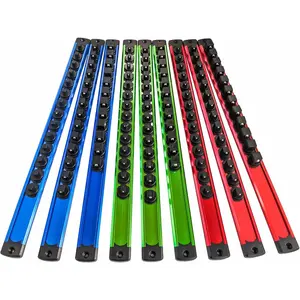 Socket Holder Organizer Set - 9- Detachable Trays for 1/4", 3/8", 1/2" Sockets, 120- Toolbox Drawer Organizer,  Alloy Garage Storage for Mechanics & DIY (Red/Blue/Green)