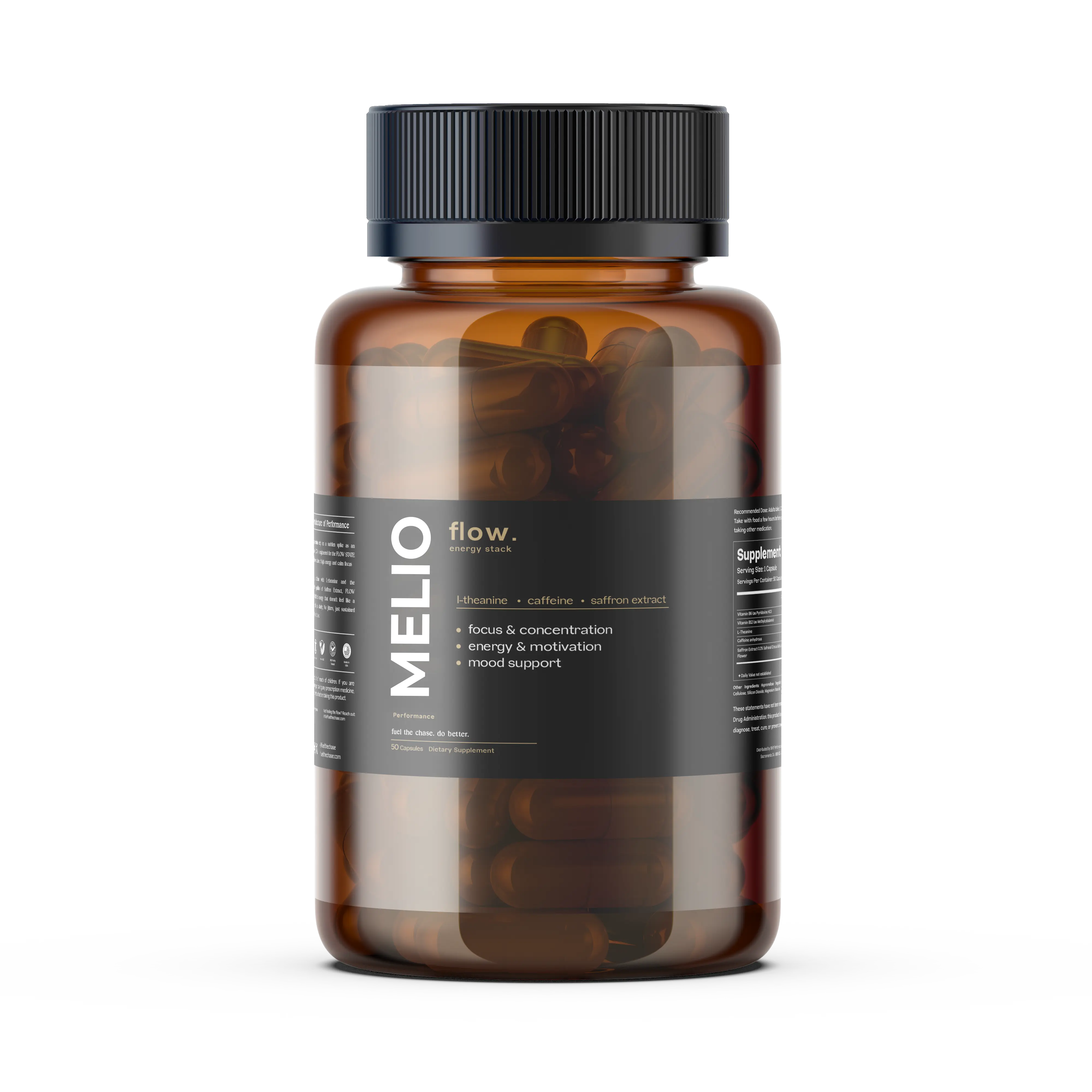 Melio FLOW Energy Capsules - 50 Vegan, Gluten-Free, Non-GMO Capsules for Focus, Energy, and Mood Support with L-Theanine, Caffeine, Saffron, B6, B12