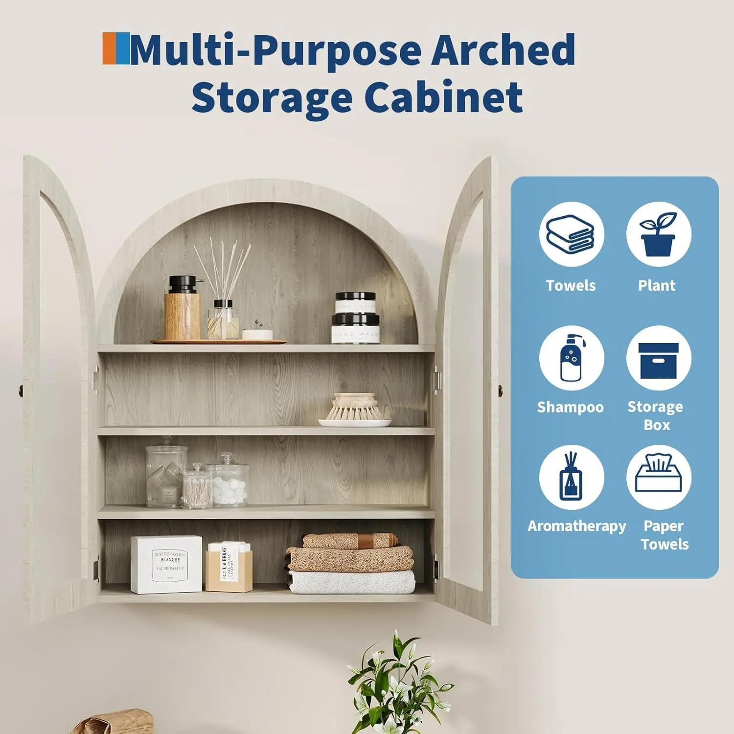 Small Arched Wall Cabinet with Acrylic Doors & Adjustable Shelves, Bathroom Wall Mounted Cabinet Compact Space-Saving Design for Kitchen, Bathroom & Laundry Room