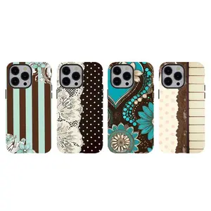 [No Magnetic] Striped Floral Phone Case,Boho Floral nostalgia Phone Case,Tough phone Cover,Durable Dual-Layer design tough phone casing for iPhone 17 16 15 14 13 12 11 8 7 for Samsung Series,Brown Turquoise Vintage Shockproof Protective smartphone Cover