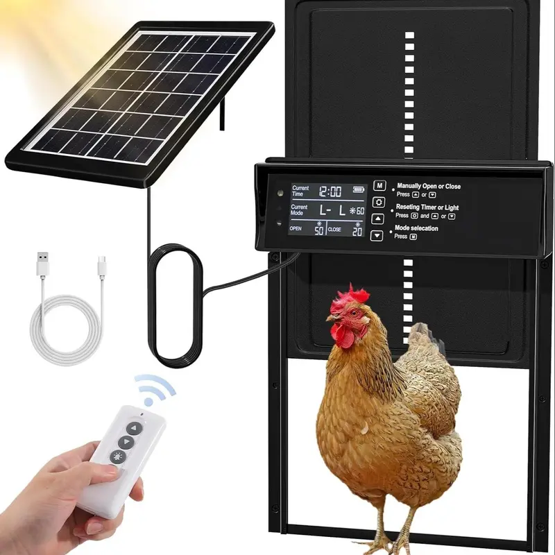 Solar Chicken Coop Door, Automatic Chicken Door Solar Powered & Usb Charging, Auto Chicken Enclosure Door 4 Modes with Timer & Light Sensor & Remote Control, Chicken Coop Accessories, Poultry Coop Accessory, Sliding Door, Outdoor Chicken Cage
