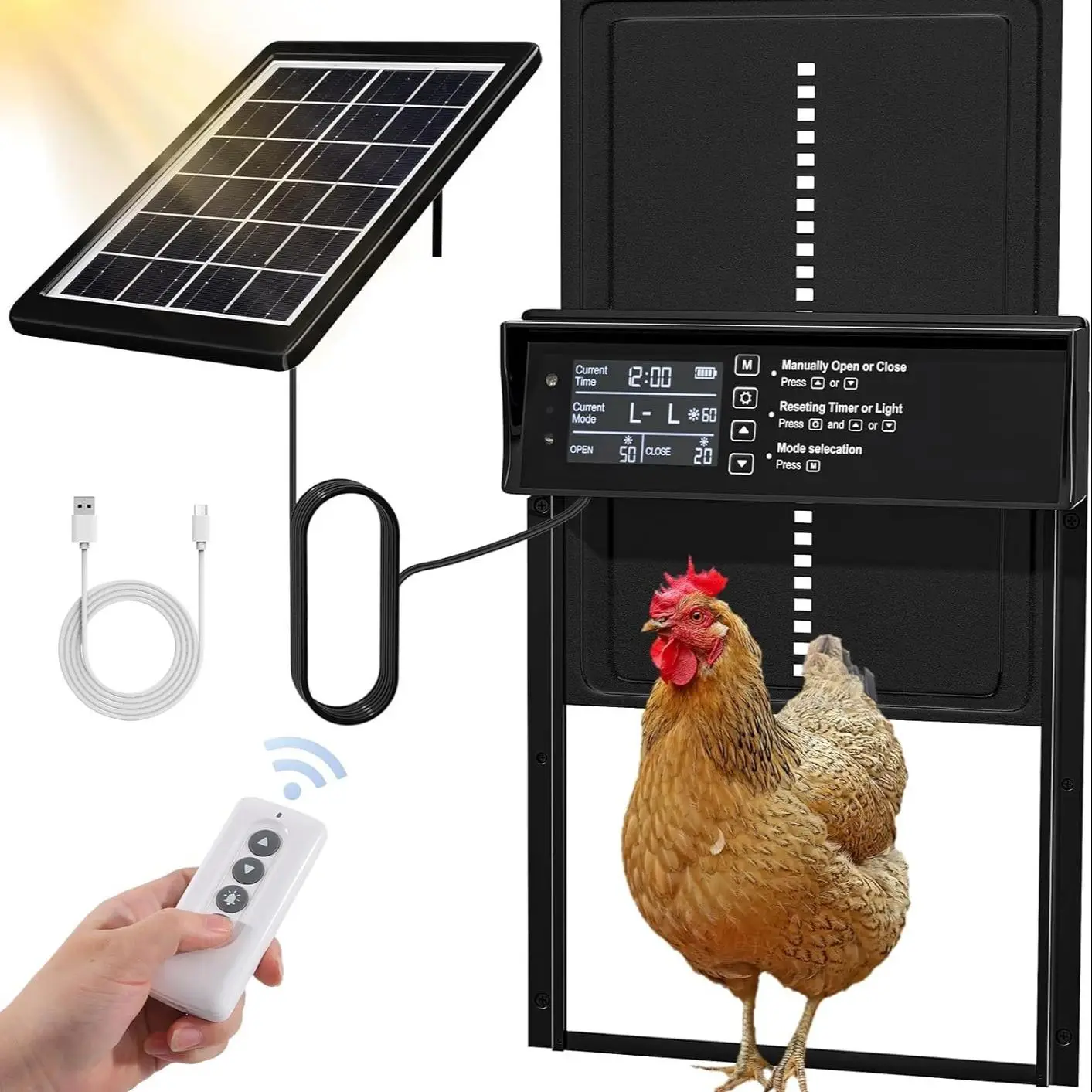 Solar Chicken Coop Door, 1 Set Automatic Chicken Door Solar Powered & Usb Charging, Auto Chicken Enclosure Door 4 Modes with Timer & Light Sensor & Re