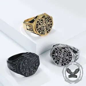 GTHIC Vintage St. Benedict Medal Ring for Men, Stainless Steel Biker Jewelry with Engraved Devil-Chasing Symbols, Anniversary Birthday Gift