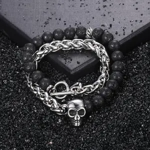 Handmade Skull Skeleton Charm Beaded Bracelet, Black Lava Stone Beads+Stainless Steel Wheat Chain for Men Women Summer Jewelry