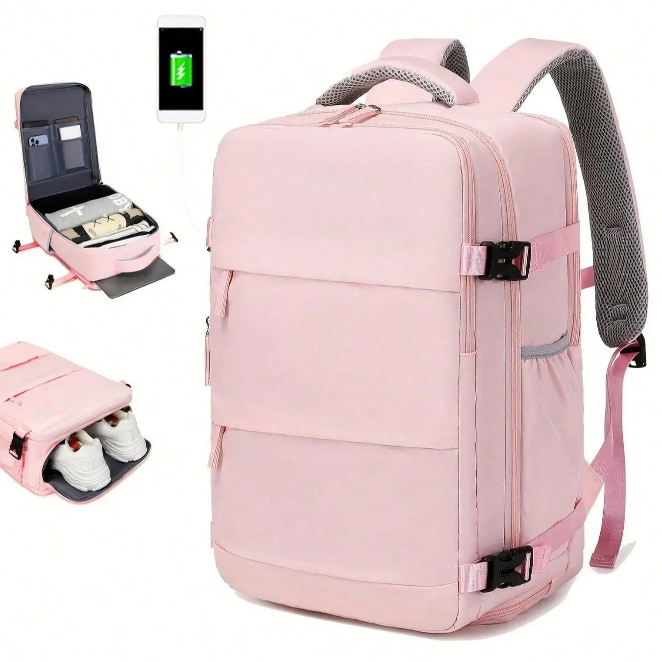 Women's Solid Minimalist Large Cap Expandable Carry-On Backpack - Water-Resistant, USB Charging Port, Laptop Compartment, Shoe Compartment, Zipper Closure - School Daypack for Women