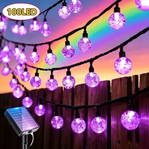 Solar outdoor bubble ball lights, available with 100 LEDs, purple spherical string lights with 8 lighting modes, IPX4 protection rating, suitable for gardens, courtyards, and Valentine’s Day decorations.