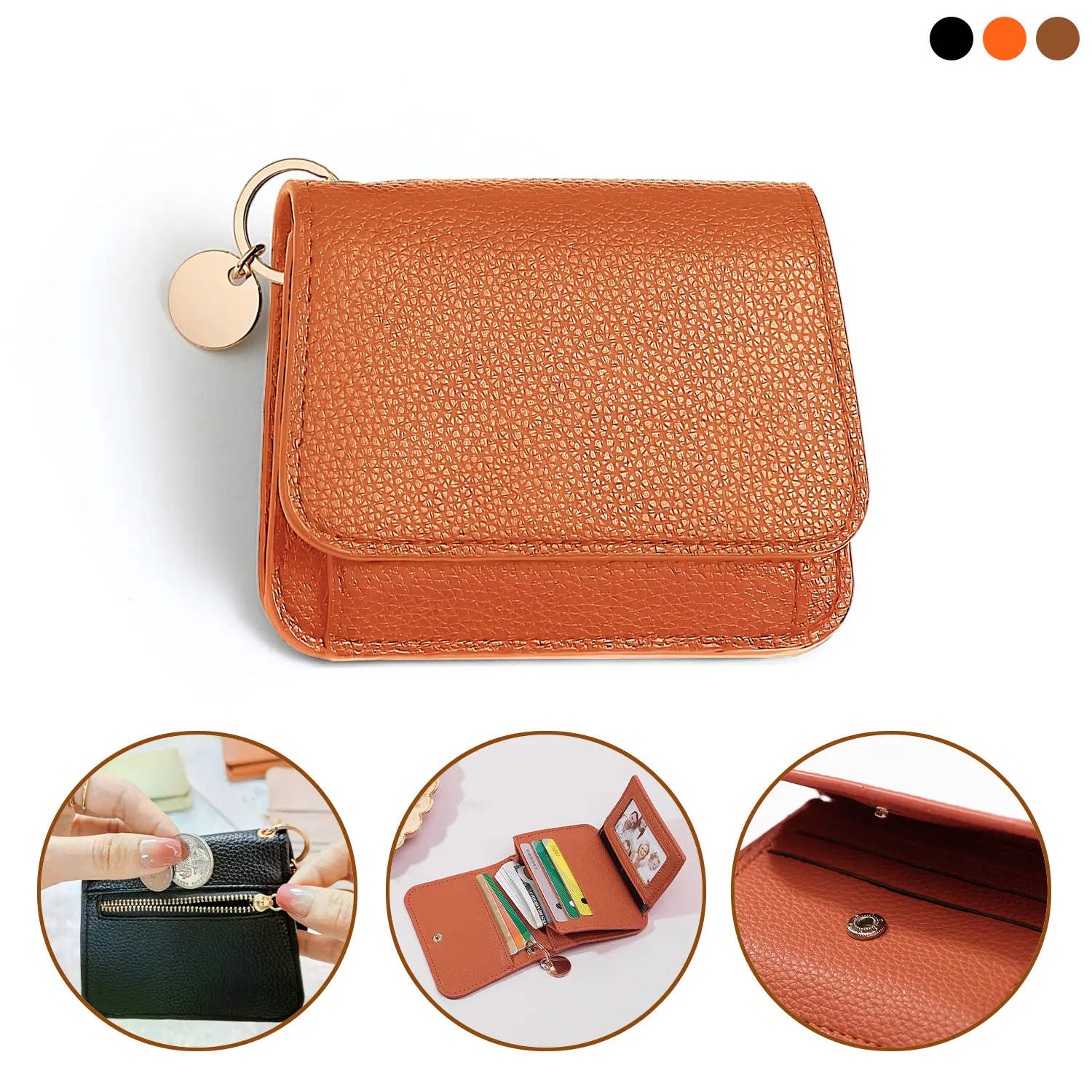 Women's RFID Shielded Mini Leather Cardholder Wallet - Slim Tri-Fold Keychain Wristlet Wallet with Zipper Coin Pocket, Everyday Compact Purse, Keychain Wristlet Wallets, Rfid Shielded Wallet