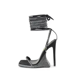 Women's Elegant Suede Square Toe Walking Shoes - Rhinestone Accents, Lace-Up Adjustable Cross Strap, Cushioned Footbed, Summer Fashion Heeled Sandals, Footwear