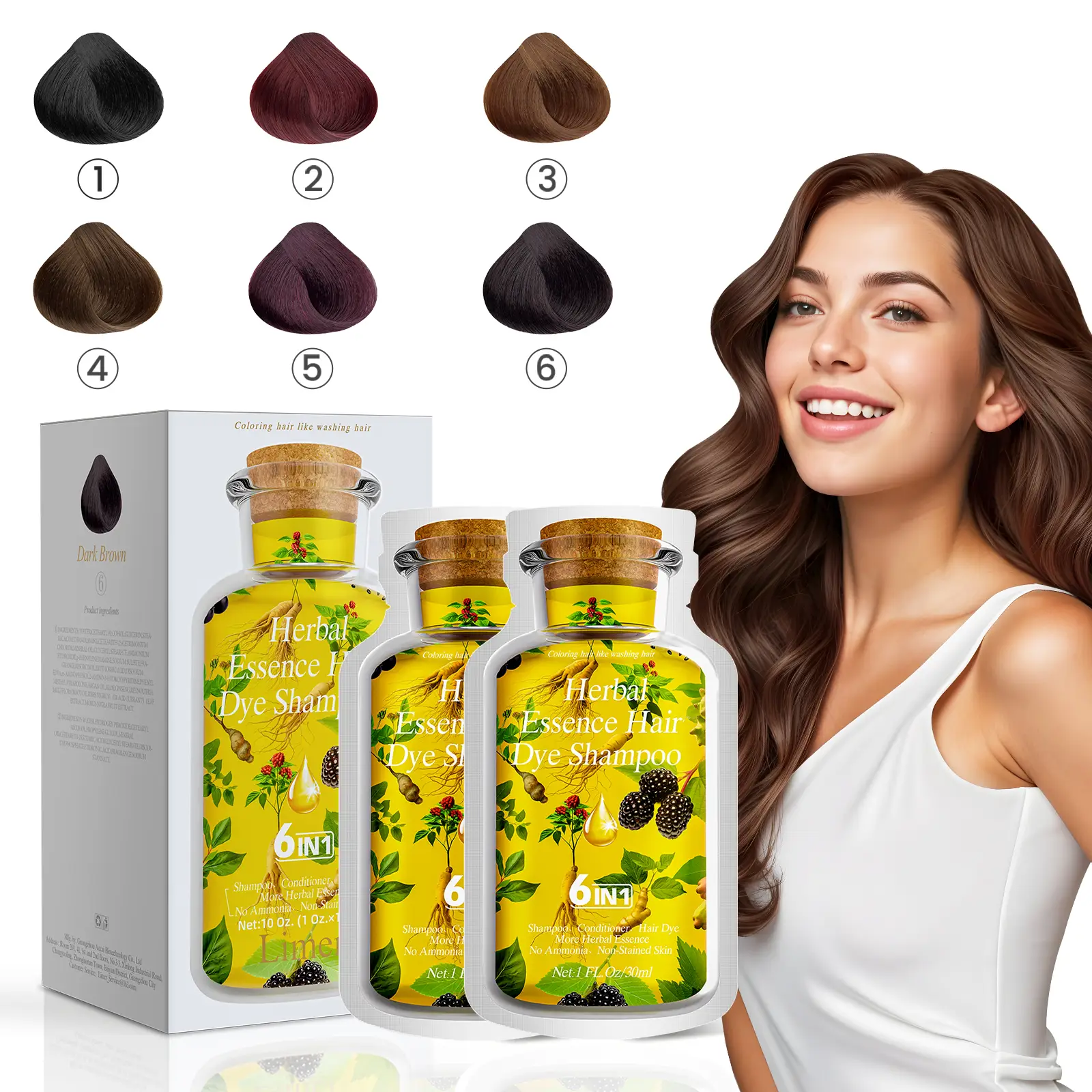 Limer, Multi-color,Natural Hair Dye Shampoo,6-in-1 Instant Tinte de Cabello,Herbal Ingredients,Gray Coverage,Non-stained Skin,Plant Haircare(10packs)